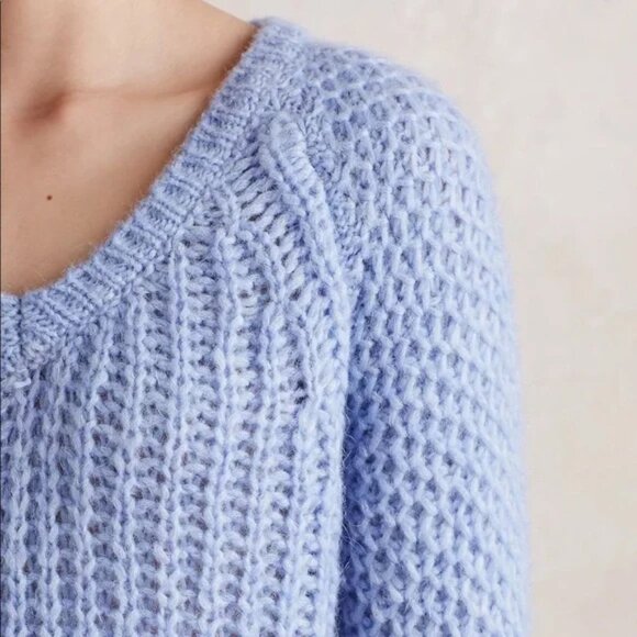 Anthropologie Moth Chunky Knit Mohair Wool Blend Sweater S Periwinkle Blue VNeck - Picture 3 of 16